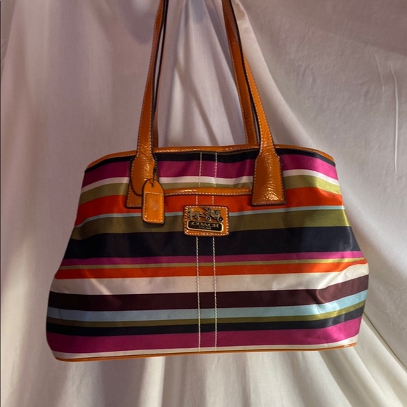 Coach  Legacy Tote Bag with  Orange and Striped Design - Picture 1 of 12